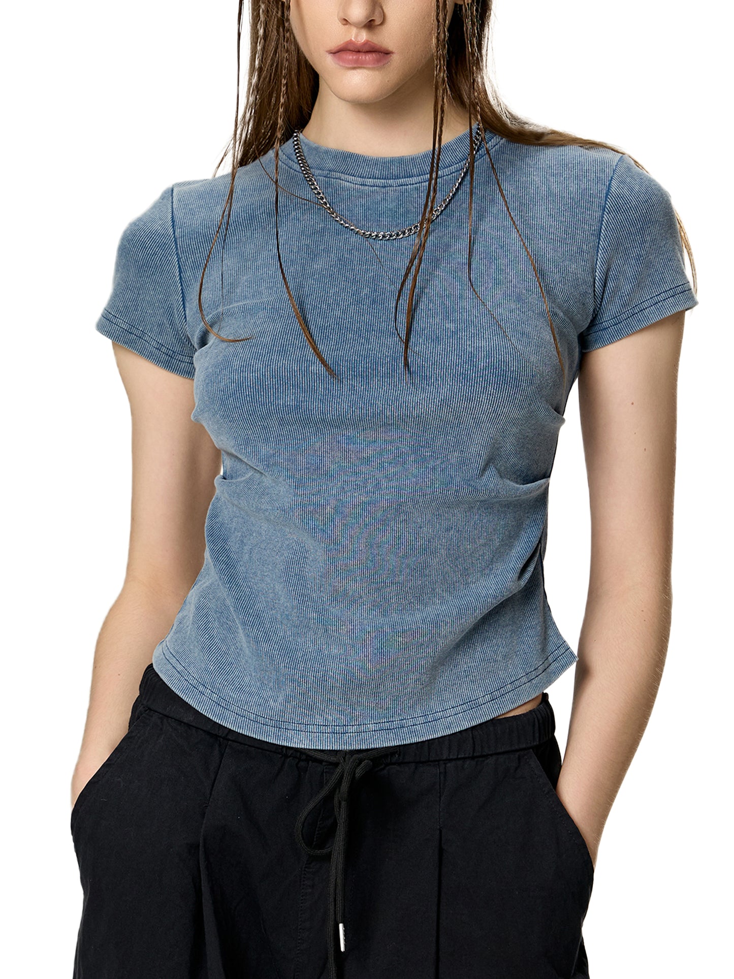 JONVH "6602" Vintaged-Wash Bodycon Cotton T-Shirt